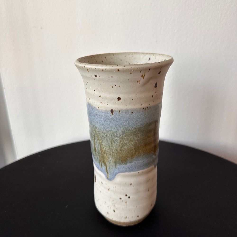 Handmade Studio Pottery Vase – Rustic Stoneware with Blue & Brown Glaze 7 1/4"